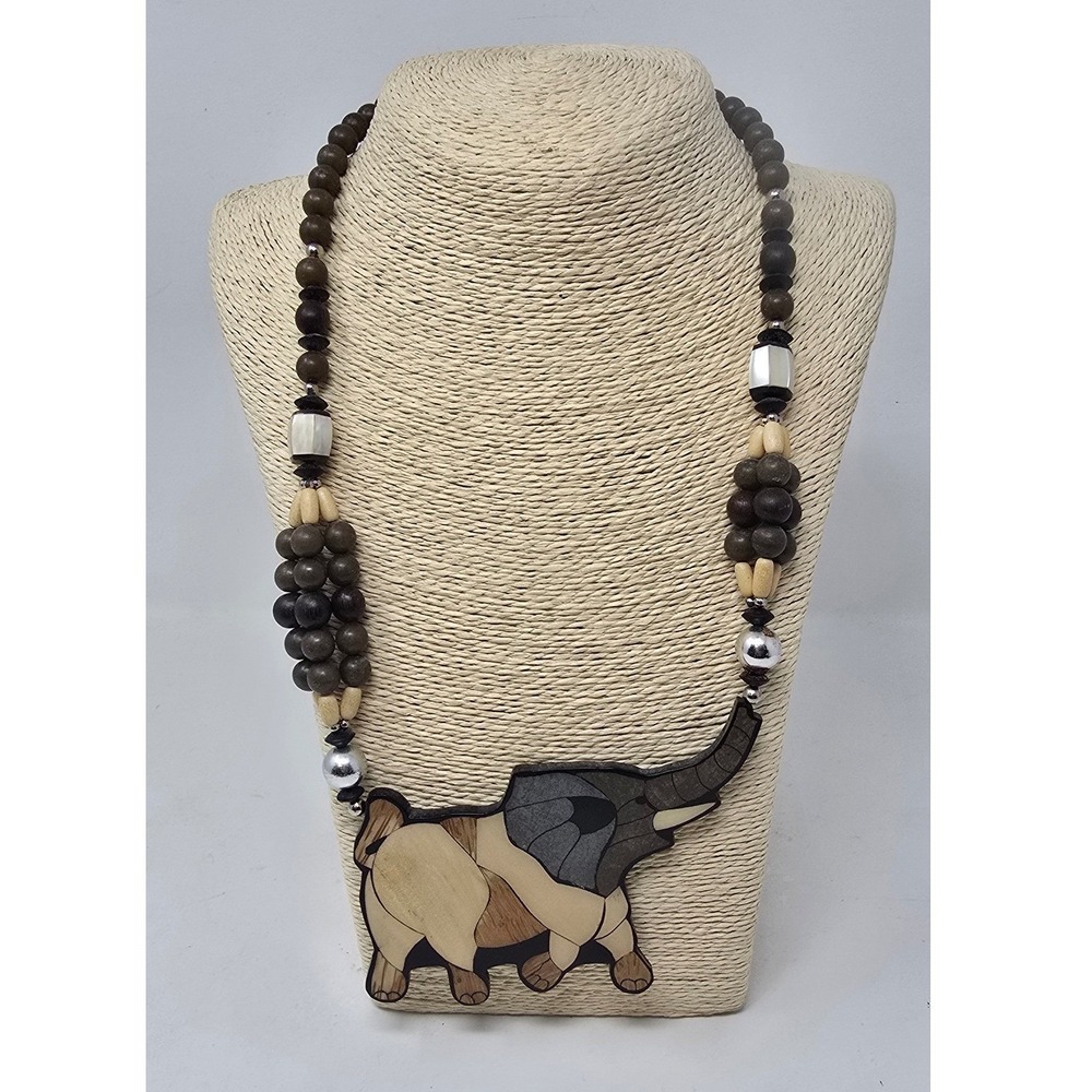 Vtg Lee Sands wood Inlay Elephant necklace women OS statement jewelry safari
